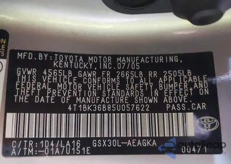 2005 Toyota Avalon Xls z USA, uszkodzony, nr VIN 4T1BK36B85U057622